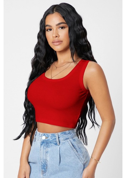 Kadın Kırmızı Kare Yaka Crop Top Bluz