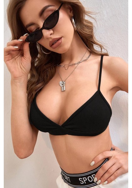 Kadın Siyah Kapsız Sırtı Açık Crop Top Bluz