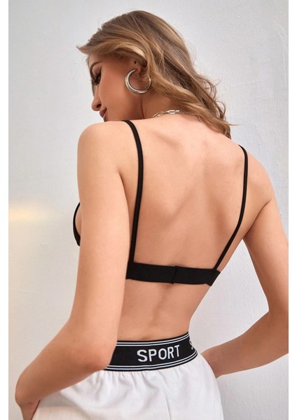 Kadın Siyah Kapsız Sırtı Açık Crop Top Bluz