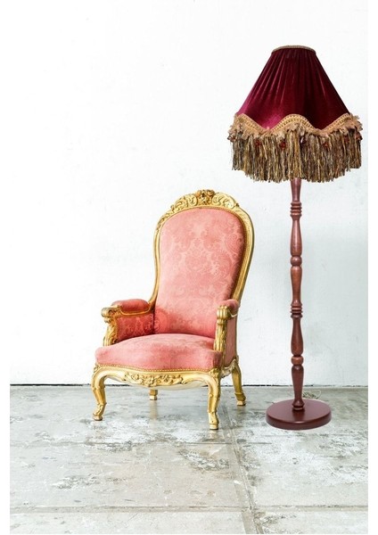 Bordo Gold Saçak Vintage Lambader Kumaş Kaplama Kahverengi Ahşap Ayak LM0124 fiyatları