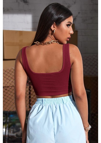 Kadın Bordo Kalın Askılı Crop Top Büstiyer