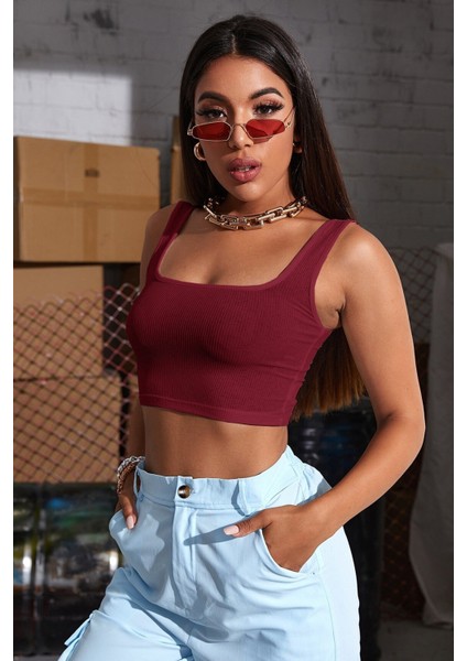 Kadın Bordo Kalın Askılı Crop Top Büstiyer