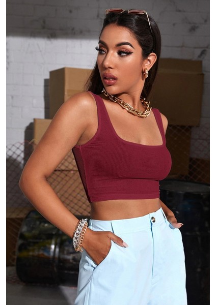 Kadın Bordo Kalın Askılı Crop Top Büstiyer