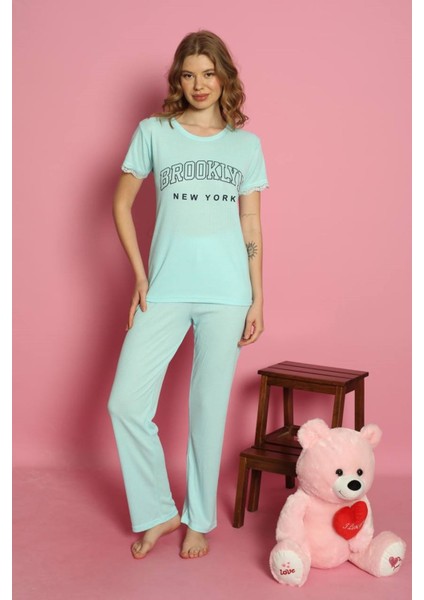 Mlale Brooklyn Desenli Suprem Kumaş Kısa Kollu Bayan Pijama Takımı 3371-M