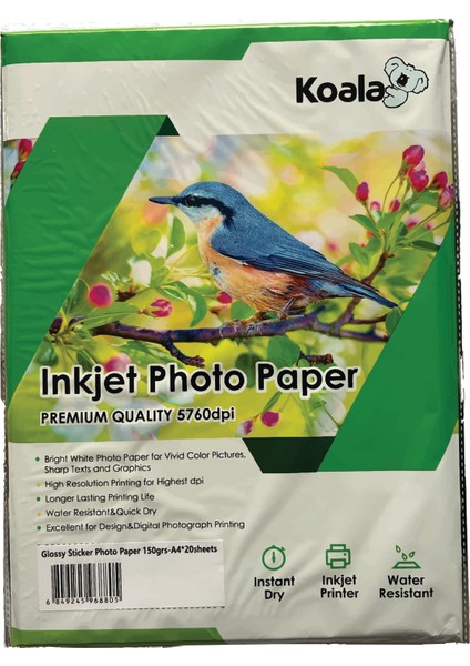 Oki Yazıcılar Için Yapışkanlı Adhesive Sticker Premium Parlak A4 Fotoğraf Kağıdı 150 Gr. 20 Adet