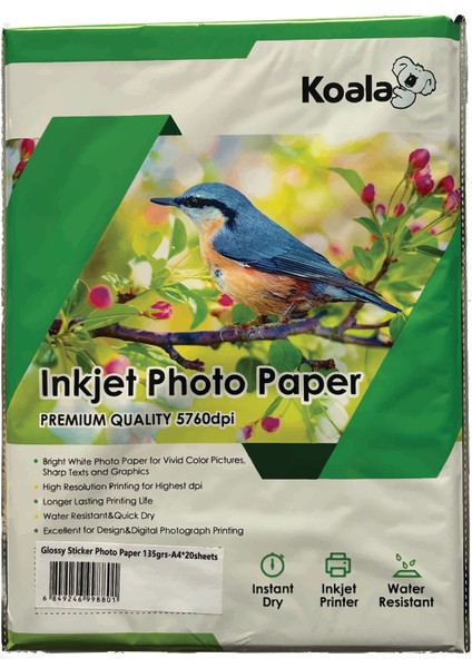 Epson ET-8500 ile Uyumlu Yapışkanlı Adhesive Sticker Premium Parlak A4 Fotoğraf Kağıdı 135 Gr. 20 Adet