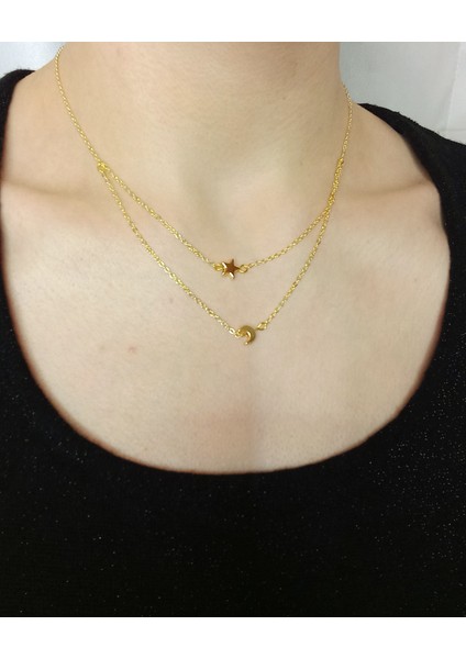 2'li Ay ve Yıldız Uçlu Kolye, Altın Kaplama Zincir Minimal Ay ve Yıldız Uçlu Kolye, Kararmaz Altın Kaplama Zincir Kolye, Ay ve Yıldız Detaylı Kolye, Kadın Kolye, Hediyelik Kolye