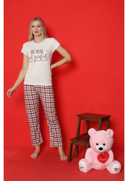 Mlale Be Real Desenli Suprem Kumaş Kısa Kollu Bayan Pijama Takımı 4014-E