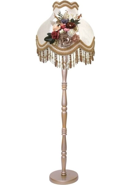 Ahşap Gold Ayak Ekru Renk Kadife Gold Süsleme Vintage Lambader 170 x 45 cm LM74456