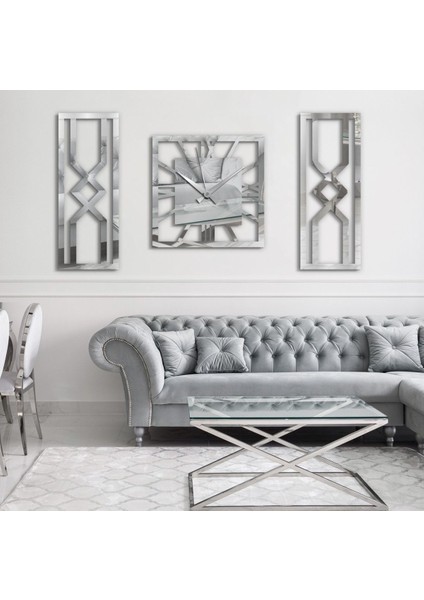 Dekoratif Aynalı Gümüş Renk Tablo Duvar Saati ve Dekoru 80X50 cm
