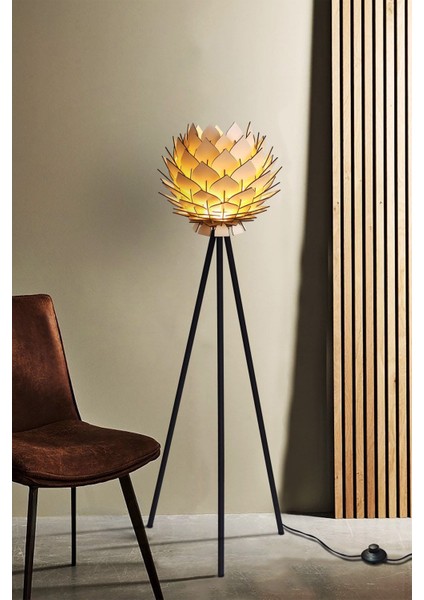 Lotus Metal Ayaklı Yerpuar Anahtarlı Ahşap Modern Tripod Üç Ayaklı Lambader Aydınlatma