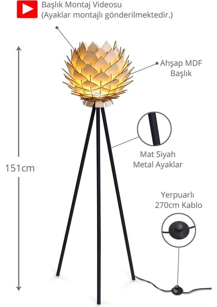 Lotus Metal Ayaklı Yerpuar Anahtarlı Ahşap Modern Tripod Üç Ayaklı Lambader Aydınlatma