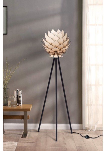 Lotus Metal Ayaklı Yerpuar Anahtarlı Ahşap Modern Tripod Üç Ayaklı Lambader Aydınlatma