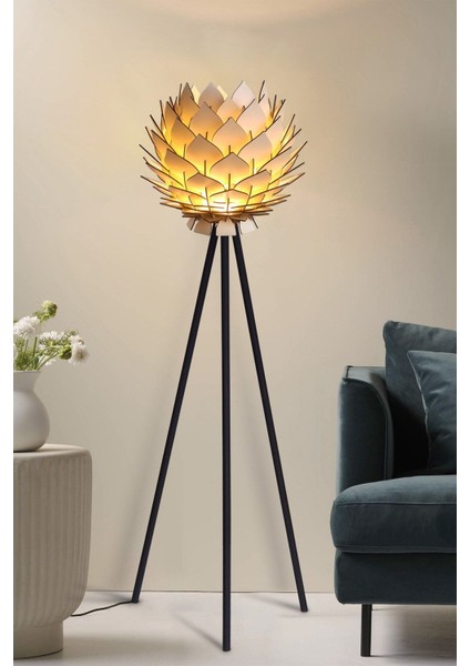 Lotus Metal Ayaklı Yerpuar Anahtarlı Ahşap Modern Tripod Üç Ayaklı Lambader Aydınlatma