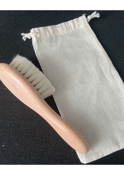 Kişiye Özel Ahşap Saplı Keçi Kılı Bebek Bakım Tarağı ve Doğal Hasır Kese