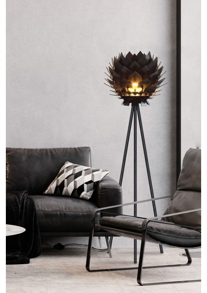 Lotus Metal Ayaklı Yerpuar Anahtarlı Ahşap Modern Tripod Üç Ayaklı Lambader Aydınlatma