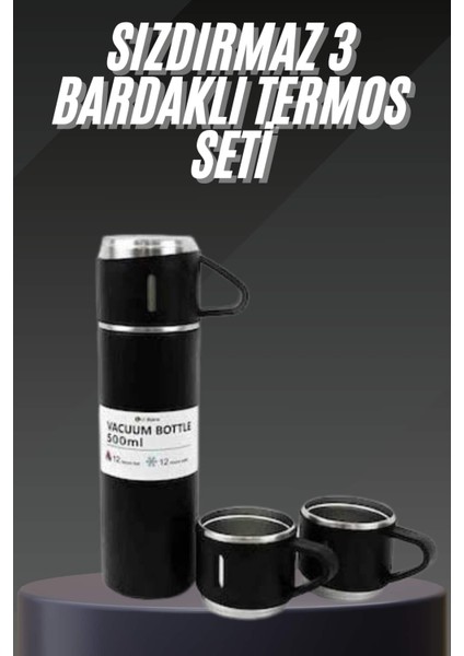 Teknorod Termos Seti Paslanmaz Çelik 3 Bardaklı Vakumlu Termos Set 500 ml 12 Saate Kadar Isı Koruma