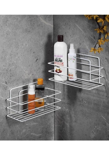 Paslanmaz Yapışkanlı Banyo Düzenleyici Şampuanlık Duş Rafı 2 Adet Beyaz Tş-01