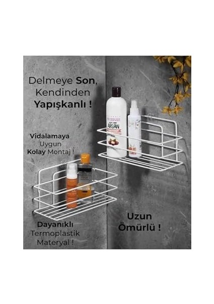 Paslanmaz Yapışkanlı Banyo Düzenleyici Şampuanlık Duş Rafı 2 Adet Beyaz Tş-01