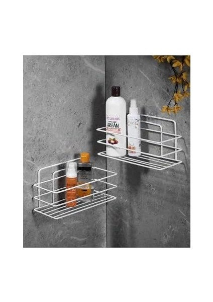 Paslanmaz Yapışkanlı Banyo Düzenleyici Şampuanlık Duş Rafı 2 Adet Beyaz Tş-01