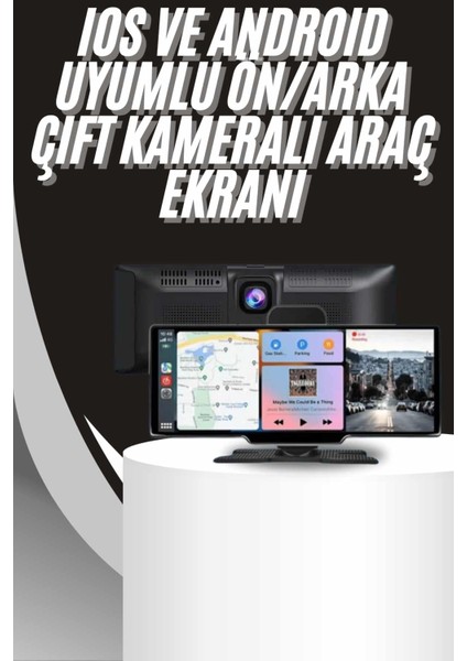 4K 10.2 Inç Çift Kameralı Araç Multimedya Ekranı Carplay Kablosuz Tüm Cihazlara Uyumlu