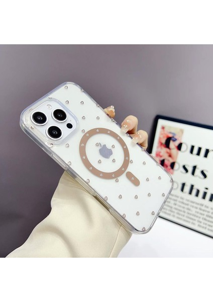 iPhone 15 Pro Kılıf Kalp Magsafe Kılıf Fiyonklu Kurdele Kurdelelu Tasarım Silikon Kılıf Rose Gold