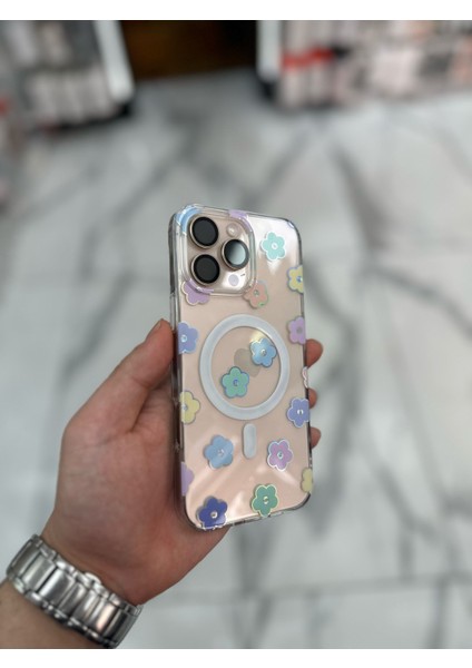 iPhone 14 Pro Kılıf Parlak Papatya Tasarımlı Magsafe Kılıf Fiyonklu Kurdele Kurdele Silikon Gümüş
