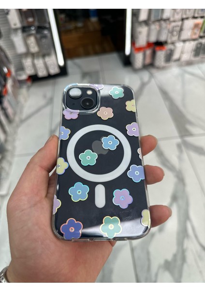 iPhone 15 Kılıf Parlak Papatya Tasarımlı Magsafe Kılıf Fiyonklu Kurdele Kurdele Silikon Gümüş modelleri