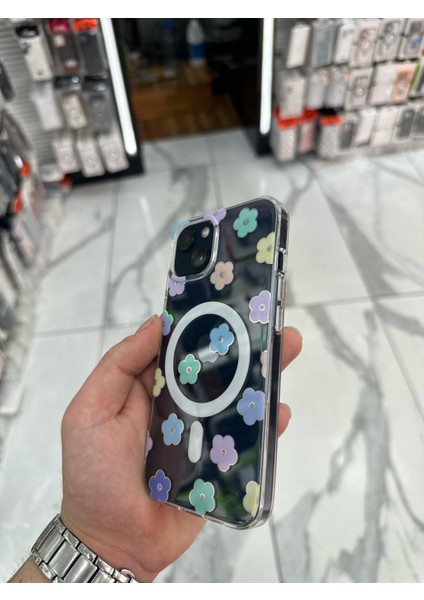 iPhone 15 Kılıf Parlak Papatya Tasarımlı Magsafe Kılıf Fiyonklu Kurdele Kurdele Silikon Gümüş indirimleri