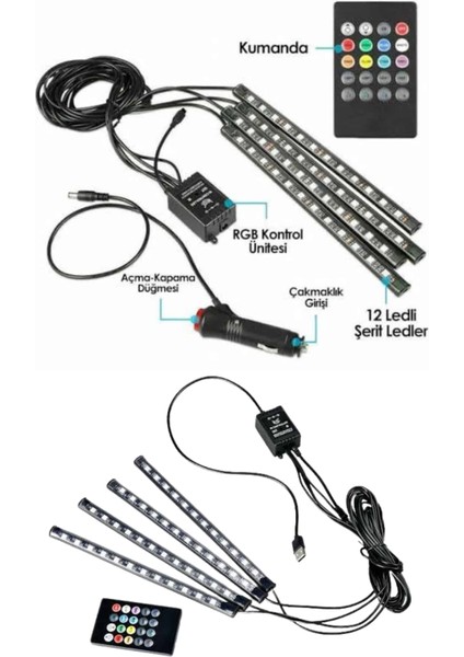 Araç Içi Ayak Altı LED 12 LED Işık Sese Müziğe Duyarlı Rgb Işıklı Aydınlatma Seti