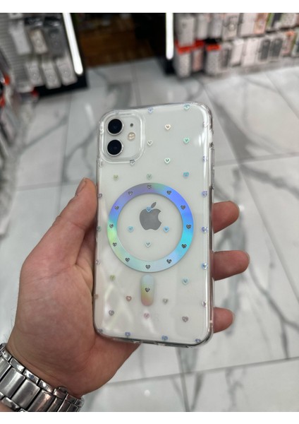 iPhone 12 Kılıf Kalp Magsafe Kılıf Fiyonklu Kurdele Kurdelelu Tasarım Silikon Kılıf Gümüş