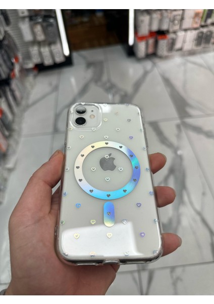 iPhone 12 Kılıf Kalp Magsafe Kılıf Fiyonklu Kurdele Kurdelelu Tasarım Silikon Kılıf Gümüş