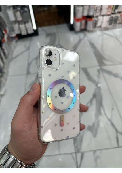 iPhone 12 Kılıf Kalp Magsafe Kılıf Fiyonklu Kurdele Kurdelelu Tasarım Silikon Kılıf Gümüş