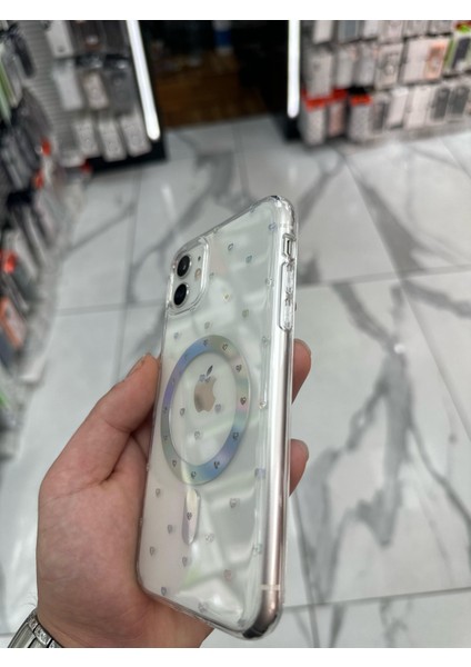 iPhone 12 Kılıf Kalp Magsafe Kılıf Fiyonklu Kurdele Kurdelelu Tasarım Silikon Kılıf Gümüş
