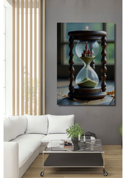 Kum Saati Içinde Rüya Şatosu Yağlı Boya Görünümlü Dekoratif Ahşap Ev/işyeri/ofis Kare Tablo