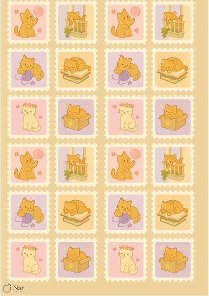 Pastel Kedi Pulları Sticker Seti - Sevimli Kedi Pul Çıkartmaları - 3 Sayfa