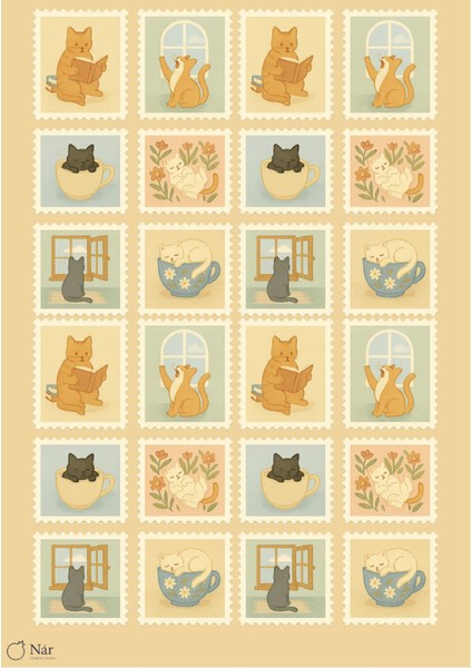 Pastel Kedi Pulları Sticker Seti - Sevimli Kedi Pul Çıkartmaları - 3 Sayfa