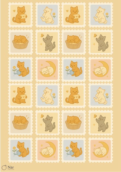 Pastel Kedi Pulları Sticker Seti - Sevimli Kedi Pul Çıkartmaları - 3 Sayfa