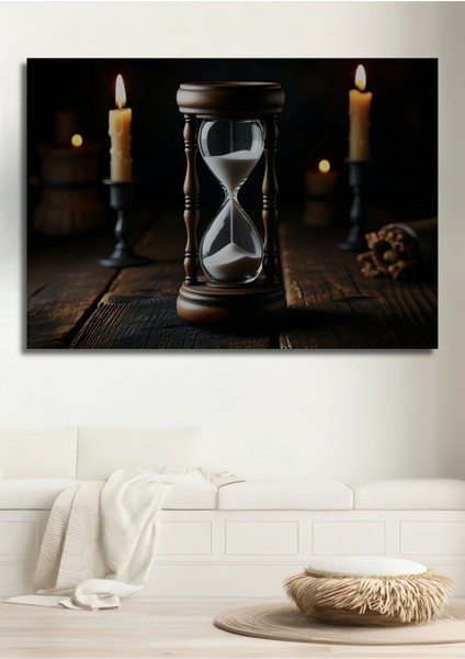 Antik Kum Saati ve Mumlar Yağlı Boya Görünümlü Dekoratif Ahşap Ev/işyeri/ofis Kare Tablo
