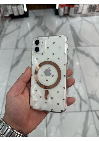 iPhone 12 Kılıf Kalp Magsafe Kılıf Fiyonklu Kurdele Kurdelelu Tasarım Silikon Kılıf Rose Gold