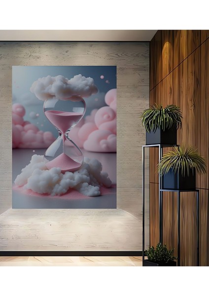 Pembe Kum Saati Bulutlar Arasında Rüya Ev/işyeri/ofis Dekoratif Ahşap Kare Tablo