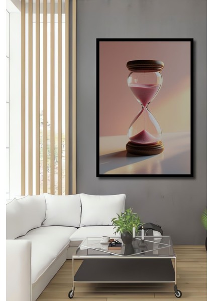 Pembe Kum Saati Zamanın Zarafeti Ahşap Dekoratif Dikdörtgen Salon/ofis/ev Çerçeve Görünümlü Tablo