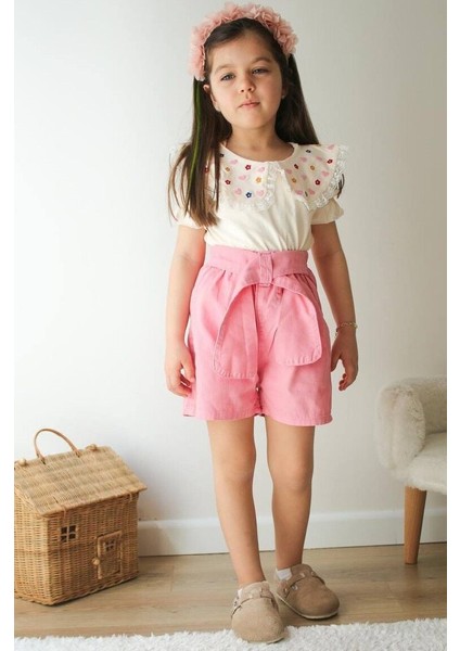 Bebe Yaka Nakış Işleme Kot Şortlu Kız Çocuk Alt Üst Takım Pembe - 9-10 Yaş