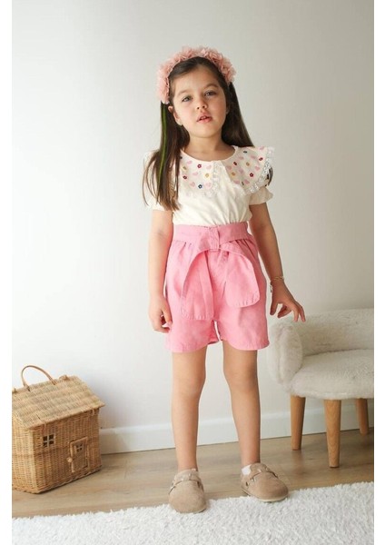 Bebe Yaka Nakış Işleme Kot Şortlu Kız Çocuk Alt Üst Takım Pembe - 9-10 Yaş