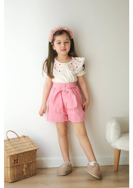 Bebe Yaka Nakış Işleme Kot Şortlu Kız Çocuk Alt Üst Takım Pembe - 9-10 Yaş