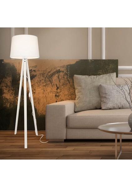 Tripod Ahşap Üç Ayaklı Lambader Krem Ayak / Krem Şapka