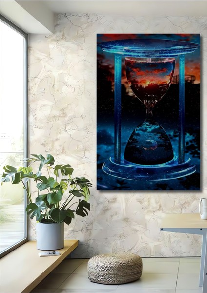 Dekoratif Dikey Soyut Sanat Kum Saatinin Içindeki Gece ve Gündüz Duvar Tablo Ahşap Dikdörtgen Tablo