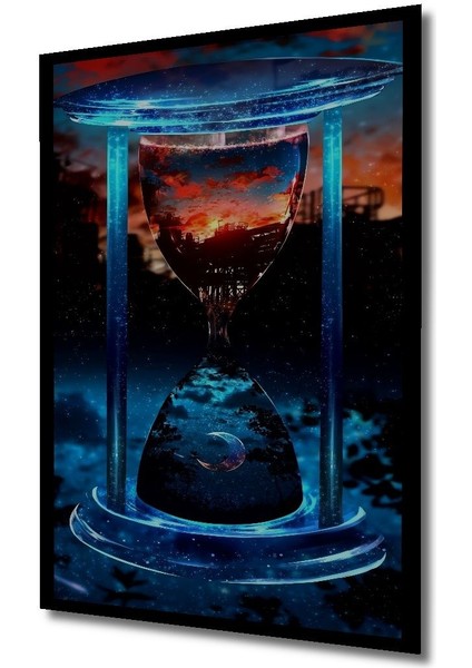 Dekoratif Dikey Soyut Sanat Kum Saatinin Içindeki Gece ve Gündüz Duvar Tablo Ahşap Dikdörtgen Tablo