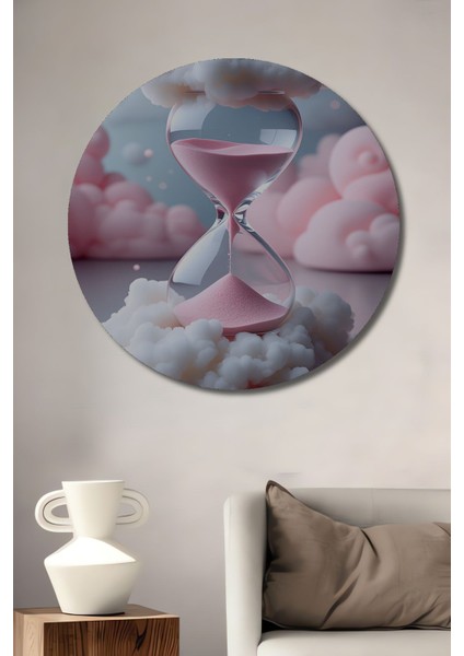Pembe Kum Saati Bulutlar Arasında Rüya Ev/işyeri/ofis Dekoratif Ahşap Yuvarlak Tablo