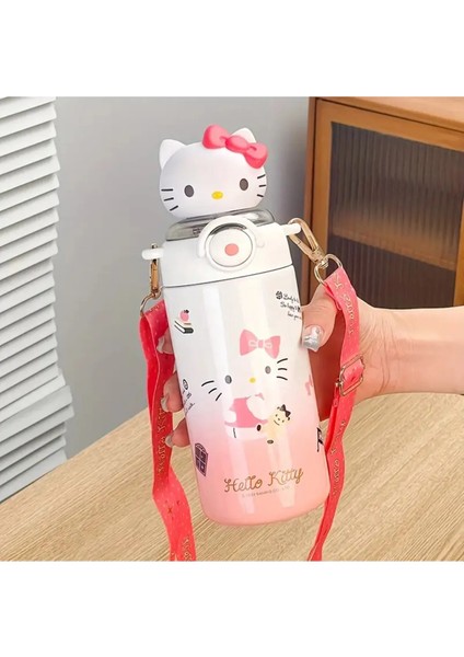 Çocuk Termos Paslanmaz Çelik Hello Kitty Figürlü Pipetli Askılı 600ML KR402